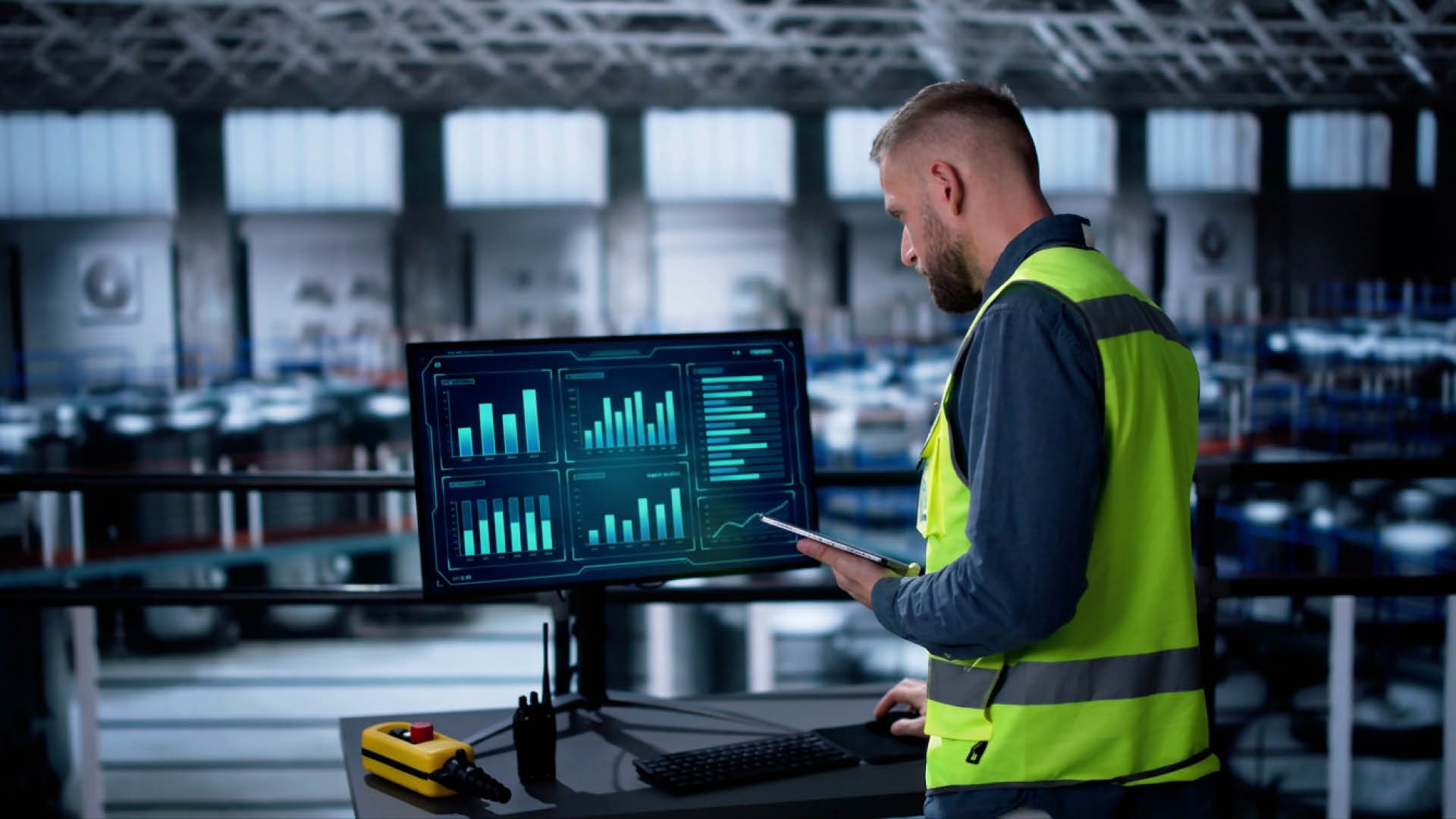 Industrial worker reviewing digital dashboard with production data on a large monitor